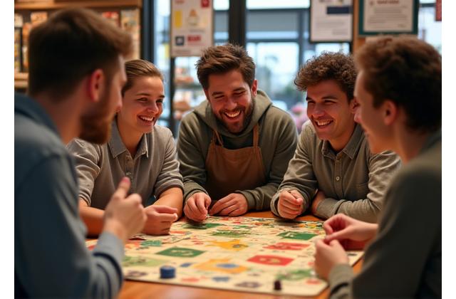 Glückliche Menschen spielen Brettspiele im Würfelgarten