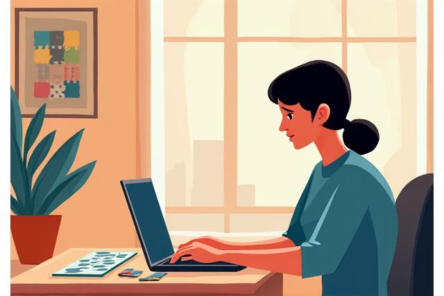 Illustration einer Person, die an einem Schreibtisch sitzt und eine Nachricht auf einem Laptop tippt, umgeben von Brettspielen.