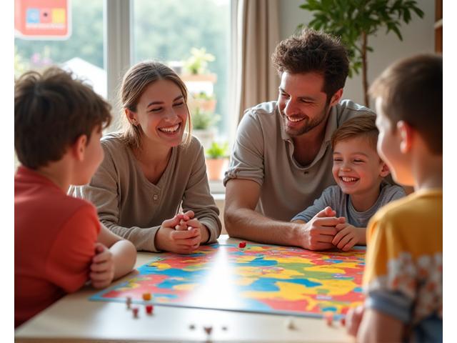 Familie lachend beim Spielen eines lustigen Brettspiels