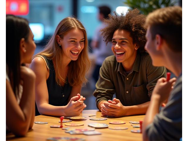 Junge Erwachsene lachen und interagieren während eines Brettspiels