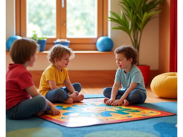 Kinder spielen ein buntes Brettspiel auf dem Boden