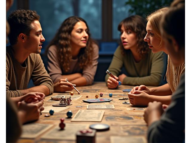Gruppe von Rollenspielern, die am Tisch Würfel werfen