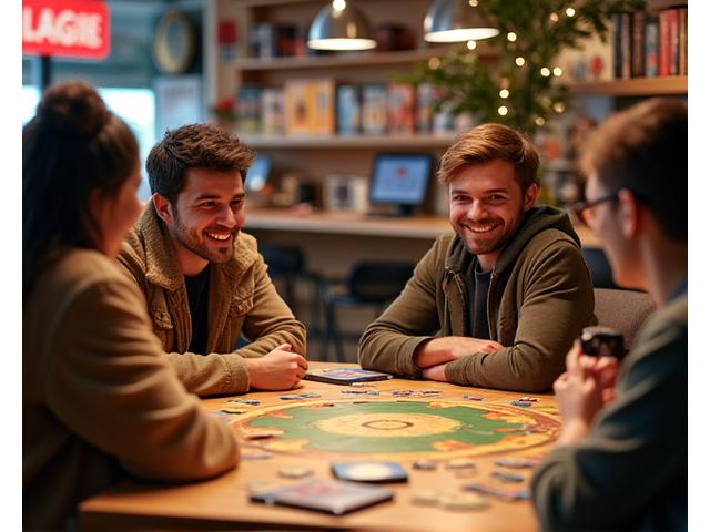 Freunde spielen ein Brettspiel am Tisch in Würfelgarten